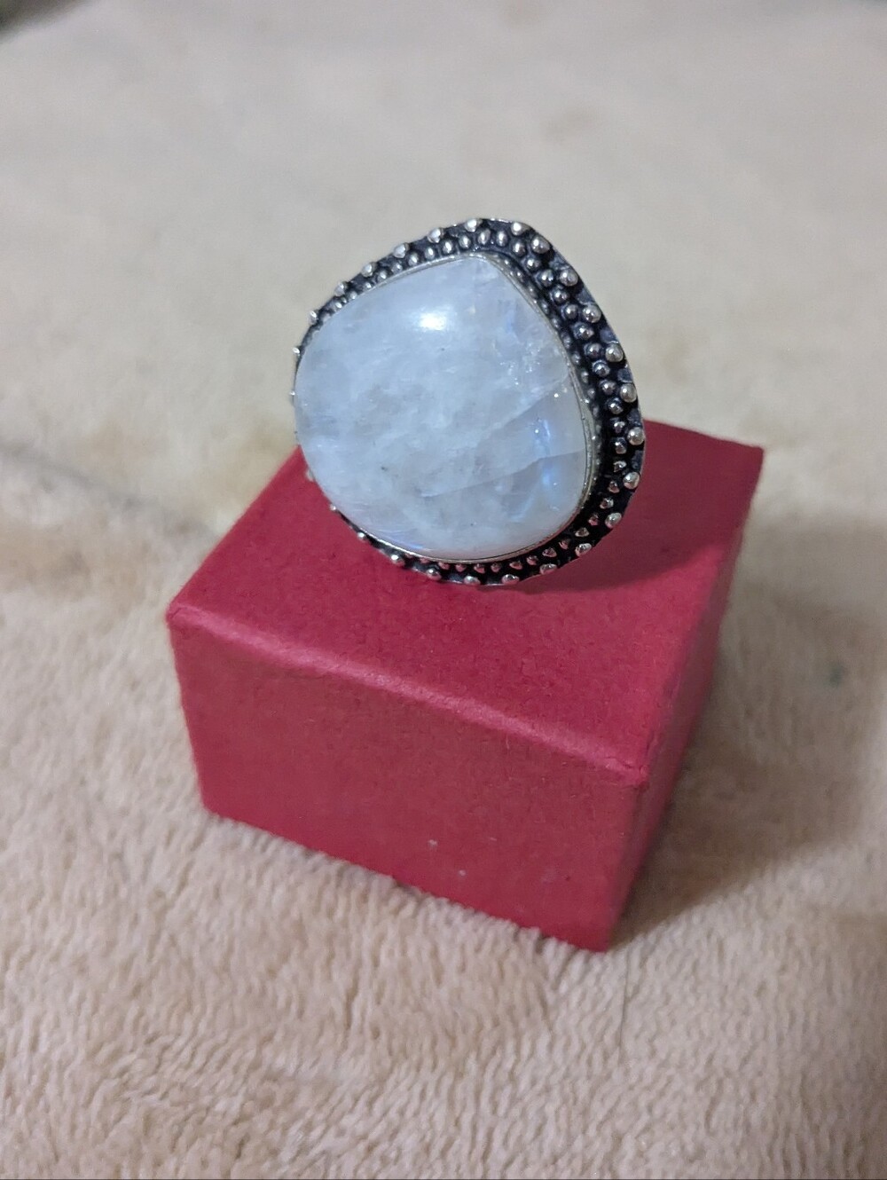 Rare Handcrafted Rainbow Moonstone With 'Blue Flash' Fat Teardrop Ring - Picture 11 of 14